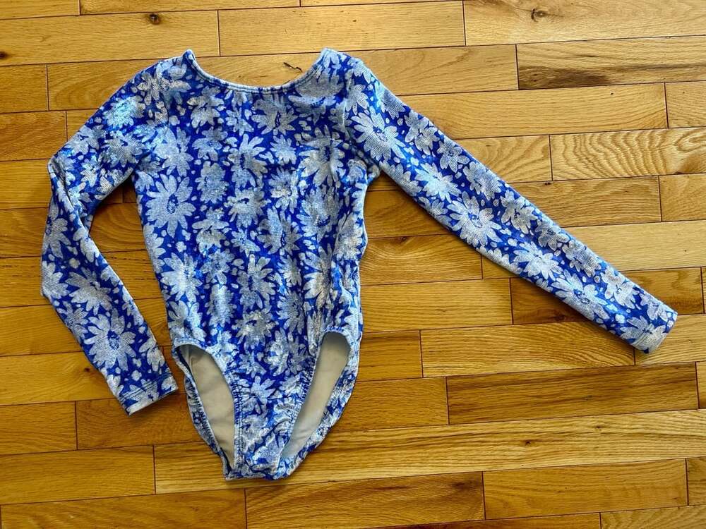 GK Elite Long Sleeve Gymnastics Leotard Large Blue White Floral